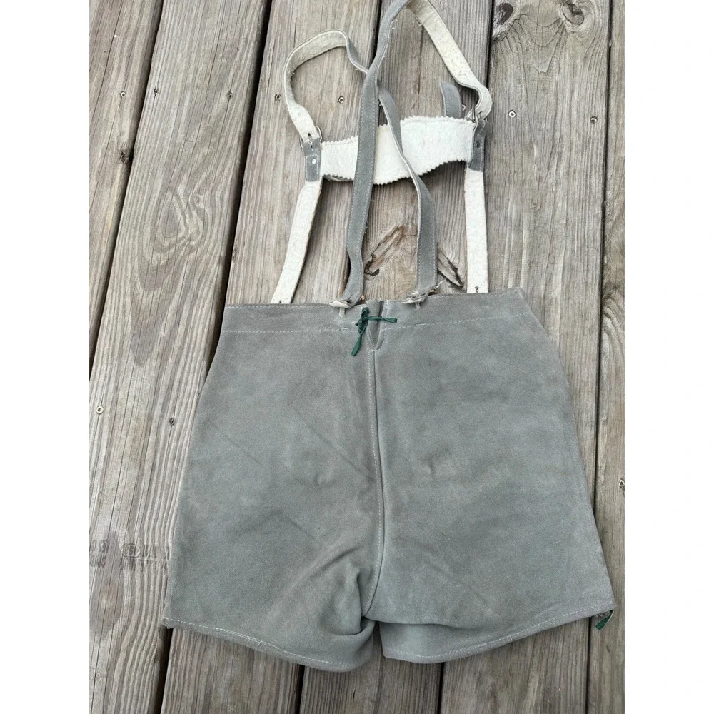 Genuine‎ Austrian Lederhosen Shorts Gray Green Embroidered Oktoberfest Size 12